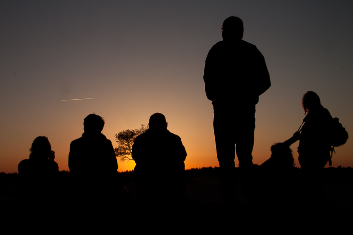 Silhouetten van mensen die genieten van een zonsondergang Foto van silhouetten van mensen die genieten van een zonsondergang